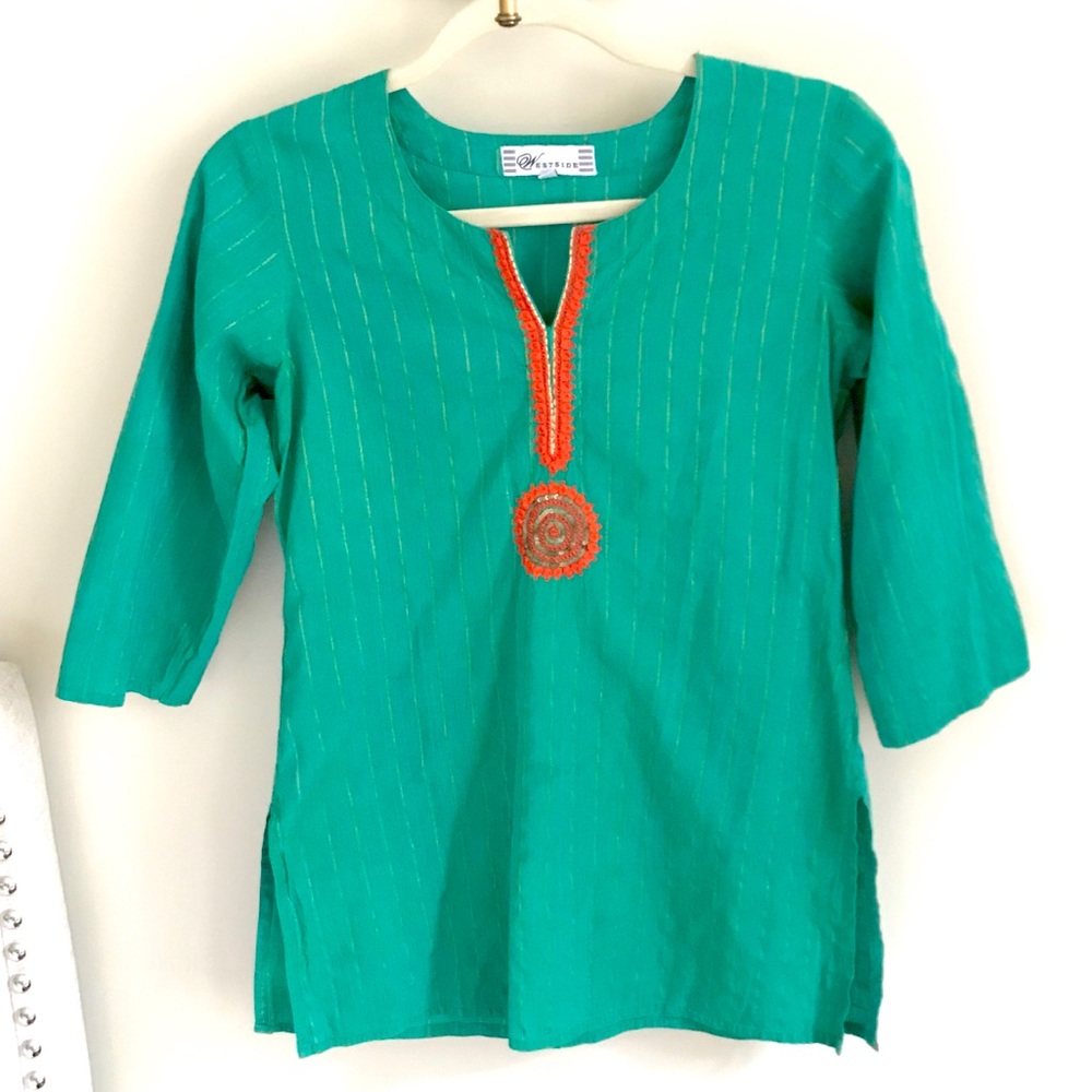 WestSide Green Tunic W/Gold Stripes & Orange & Gold Embroidered Front Sz S